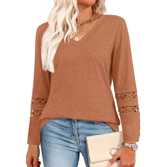 UVN Fall Blouses for Women Long Sleeve V Neck Tunic Tops Casual Hollow Out Curved Hem Dressy Shirts