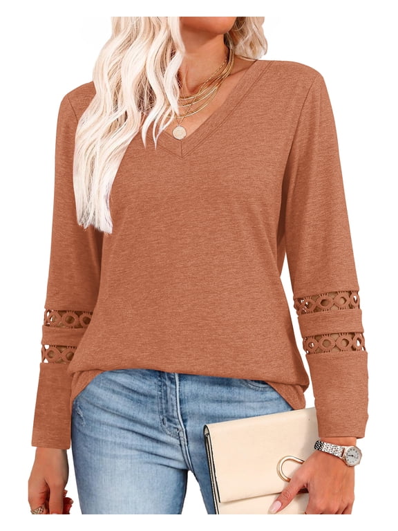 Fall Blouses for Women Long Sleeve V Neck Tunic Tops Casual Hollow Out Curved Hem Dressy Shirts