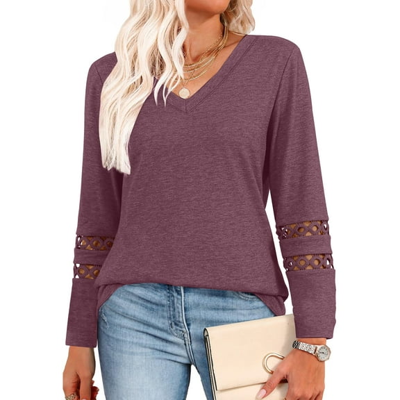 UVN Fall Blouses for Women Long Sleeve V Neck Tunic Tops Casual Hollow Out Curved Hem Dressy Shirts