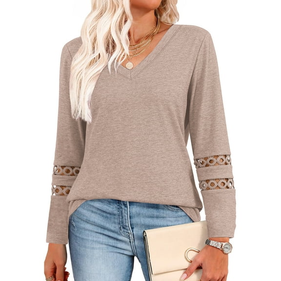 UVN Fall Blouses for Women Long Sleeve V Neck Tunic Tops Casual Hollow Out Curved Hem Dressy Shirts