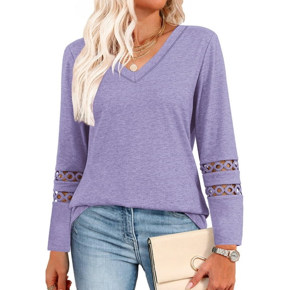 UVN Fall Blouses for Women Long Sleeve V Neck Tunic Tops Casual Hollow Out Curved Hem Dressy Shirts