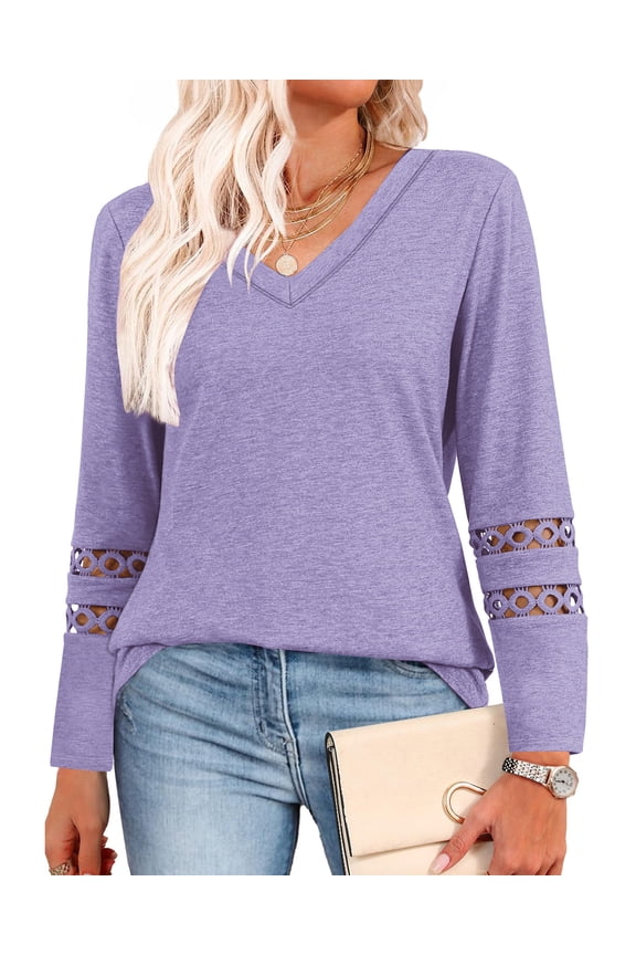 Fall Blouses for Women Long Sleeve V Neck Tunic Tops Casual Hollow Out Curved Hem Dressy Shirts