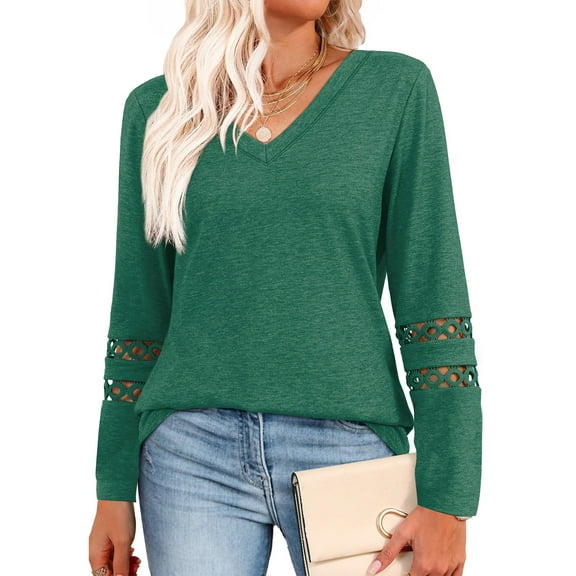 UVN Fall Blouses for Women Long Sleeve V Neck Tunic Tops Casual Hollow Out Curved Hem Dressy Shirts