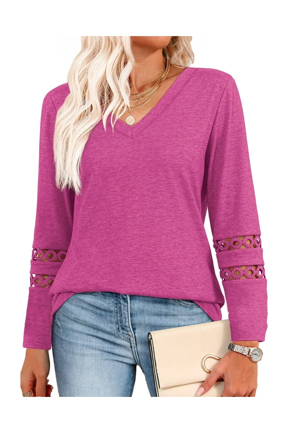 Fall Blouses for Women Long Sleeve V Neck Tunic Tops Casual Hollow Out Curved Hem Dressy Shirts