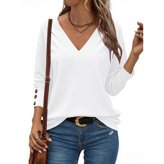 UVN Fall Blouses for Women V Neck Dressy Casual Shirts Loose Fit Long Sleeve Button Tops