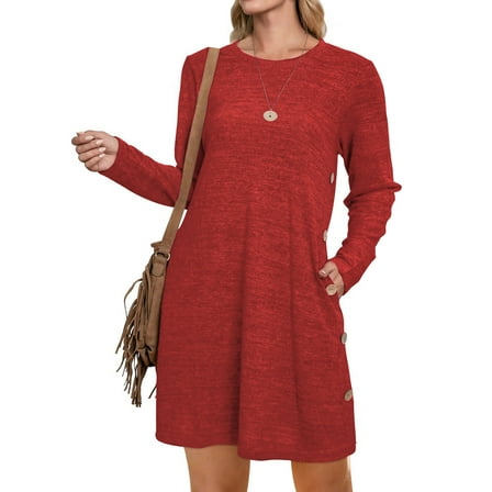 UVN Fall Dresses for Women Long Sleeve Casual Winter Dress with Pockets Buttons Side Tunic Dress
