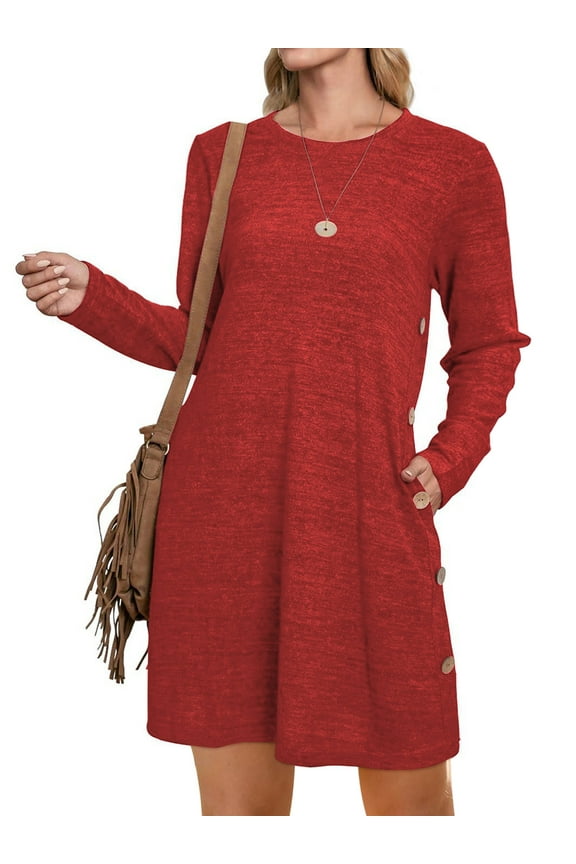 Fall Dresses for Women Long Sleeve Casual Winter Dress with Pockets Buttons Side Tunic Dress