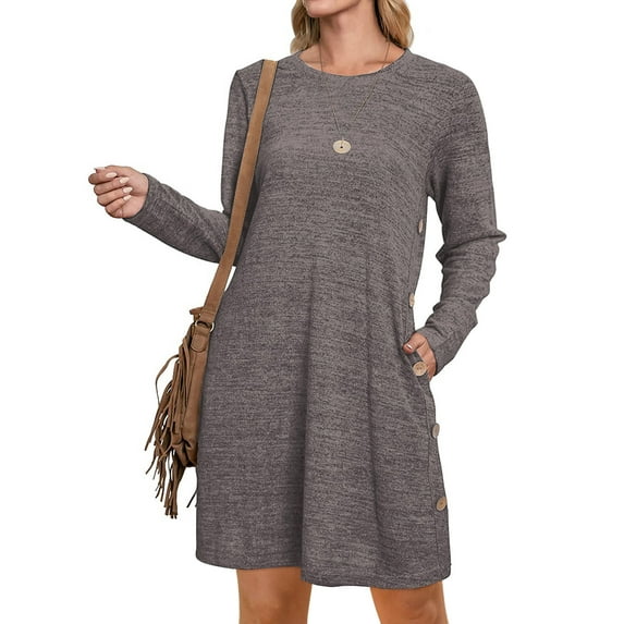 UVN Fall Dresses for Women Long Sleeve Casual Winter Dress with Pockets Buttons Side Tunic Dress