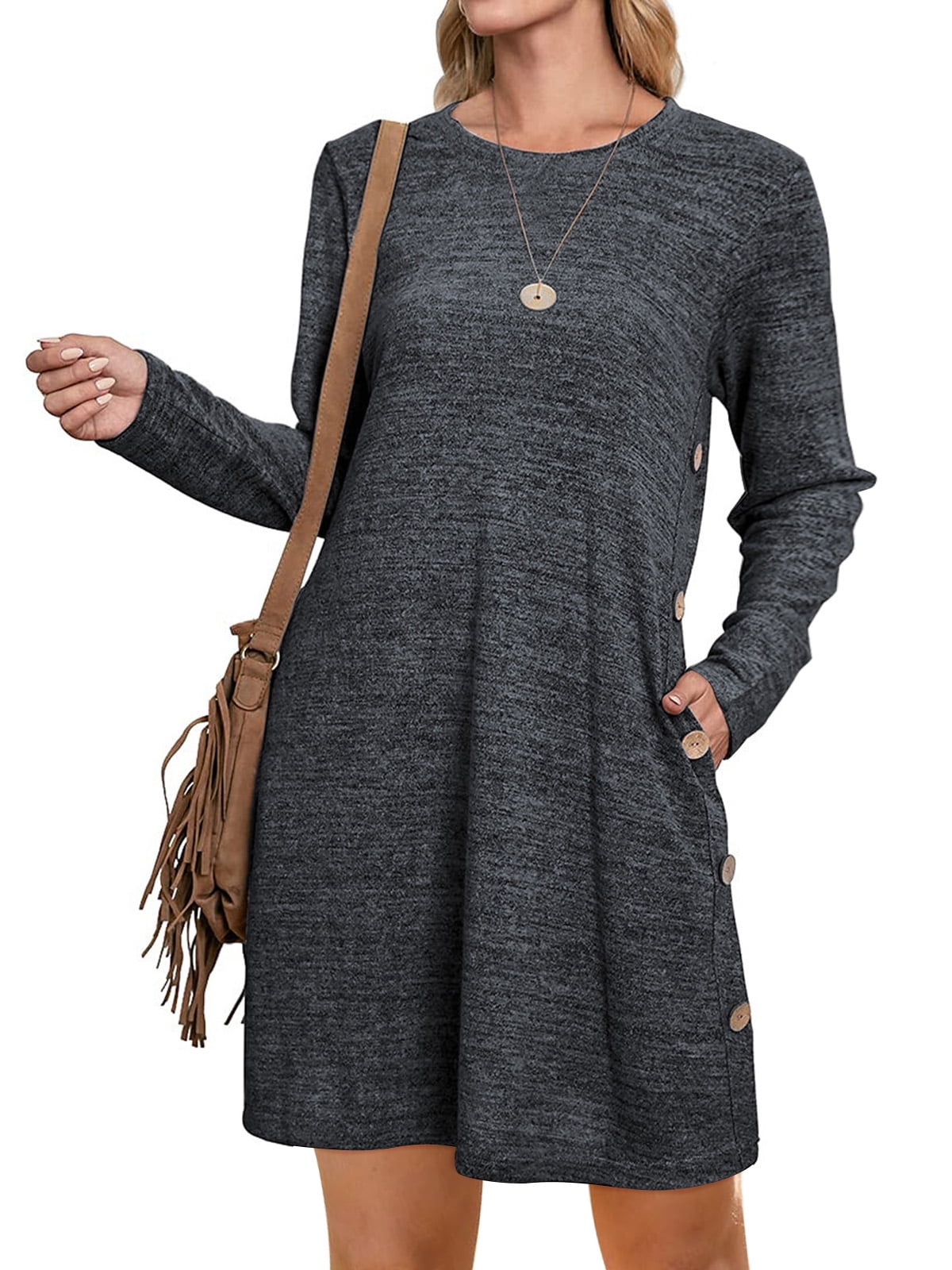 UVN Fall Dresses for Women Long Sleeve Casual Winter Dress with Pockets Buttons Side Tunic Dress UVN Fall Dresses for Women Long Sleeve Casual Winter Dress with Pockets Buttons Side Tunic Dress