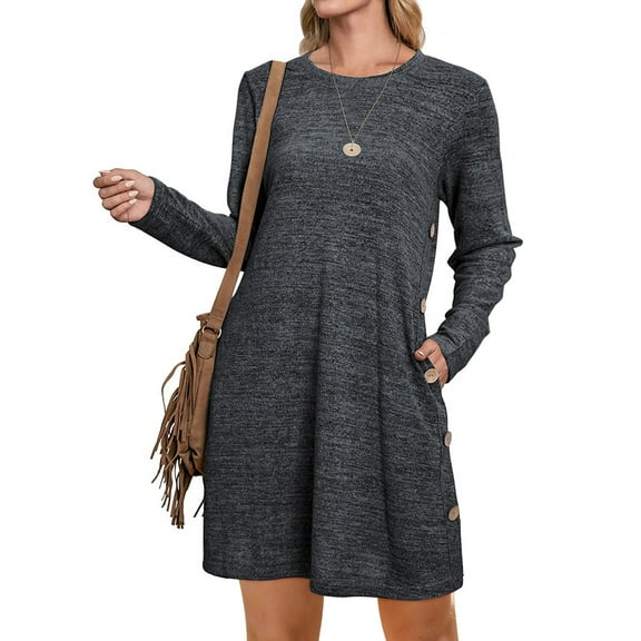 UVN Fall Dresses for Women Long Sleeve Casual Winter Dress with Pockets Buttons Side Tunic Dress