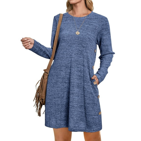 UVN Fall Dresses for Women Long Sleeve Casual Winter Dress with Pockets Buttons Side Tunic Dress