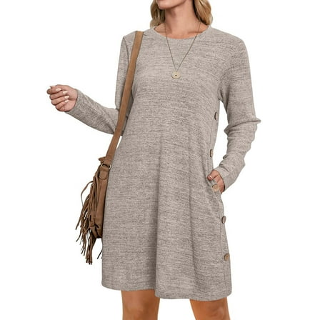 UVN Fall Dresses for Women Long Sleeve Casual Winter Dress with Pockets Buttons Side Tunic Dress