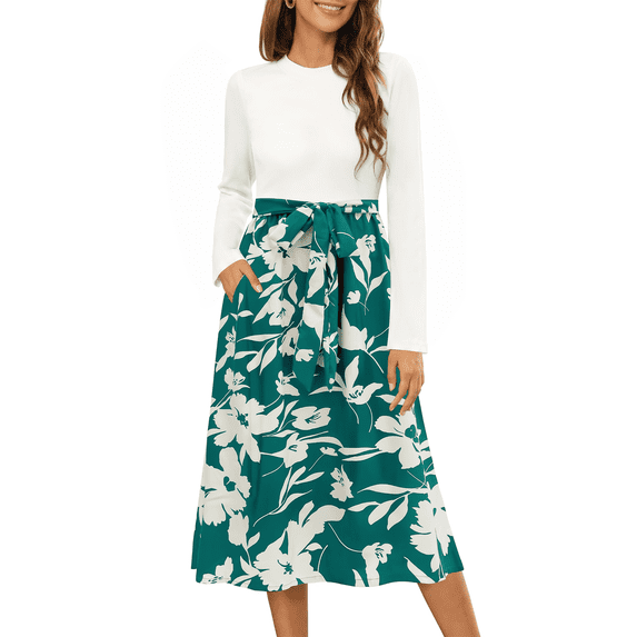 UVN Fall Dresses for Women Long Sleeve Crewneck Ribbed Casual Dress Ladies Floral Print Midi Dresses with Pockets
