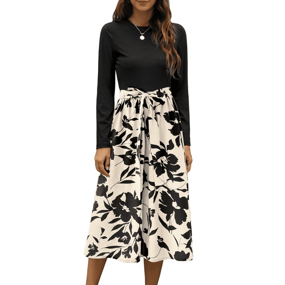 UVN Fall Dresses for Women Long Sleeve Crewneck Ribbed Casual Dress Ladies Floral Print Midi Dresses with Pockets