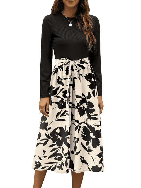 Fall Dresses for Women Long Sleeve Crewneck Ribbed Casual Dress Ladies Floral Print Midi Dresses with Pockets