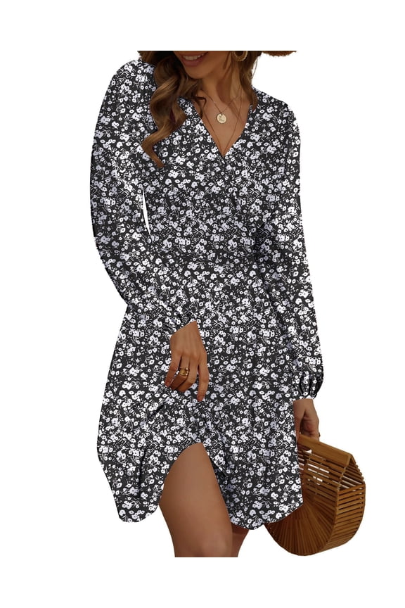 Fall Dresses for Women Long Sleeve V Neck A-Line Midi Dress Boho Beach Floral Print Sundress