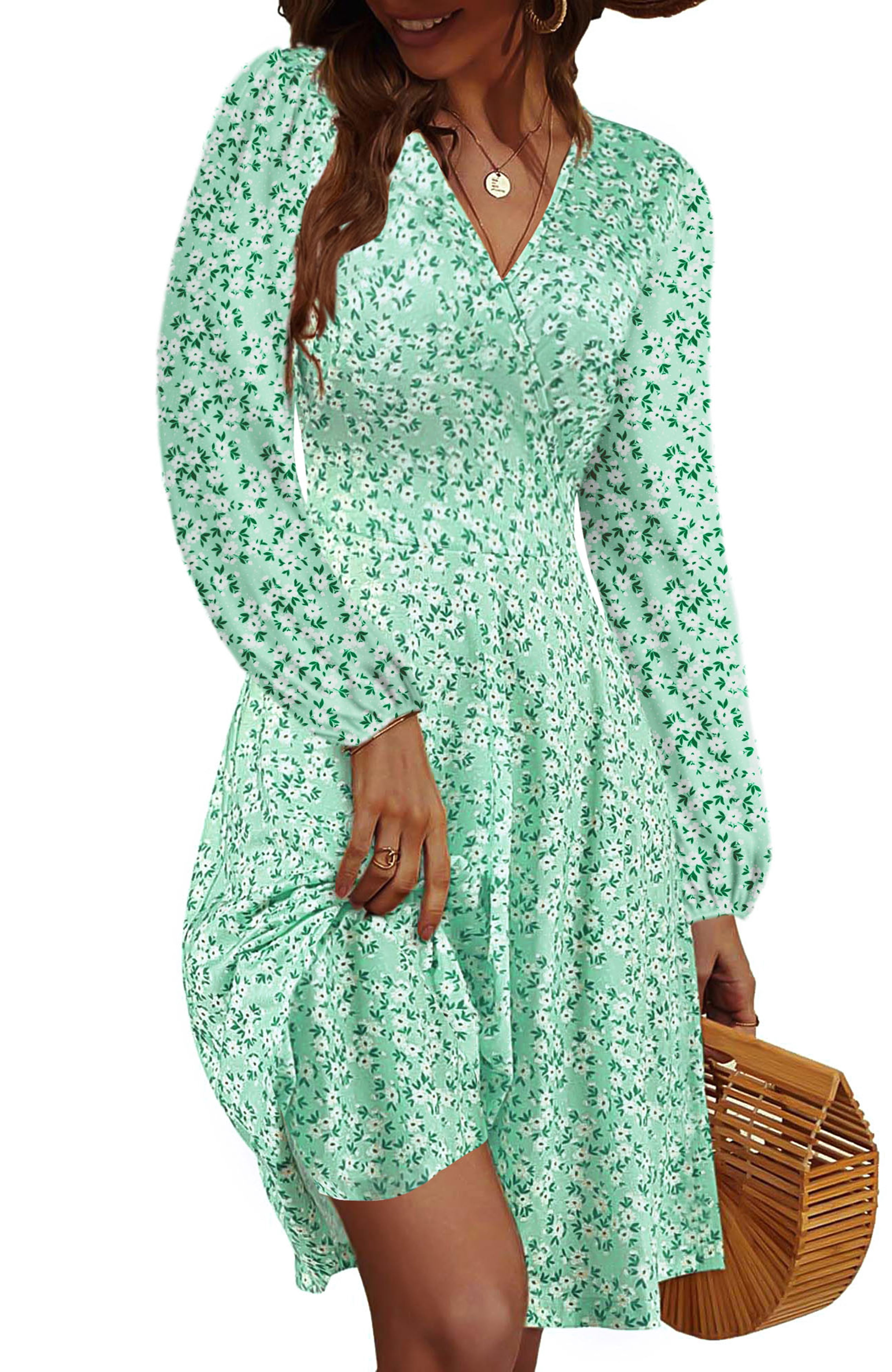 UVN Fall Dresses for Women Long Sleeve V Neck A-Line Midi Dress Boho ...