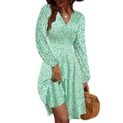 UVN Fall Dresses for Women Long Sleeve V Neck A-Line Midi Dress Boho Beach Floral Print Sundress