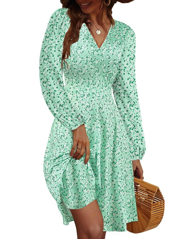 Fall Dresses for Women Long Sleeve V Neck A-Line Midi Dress Boho Beach Floral Print Sundress