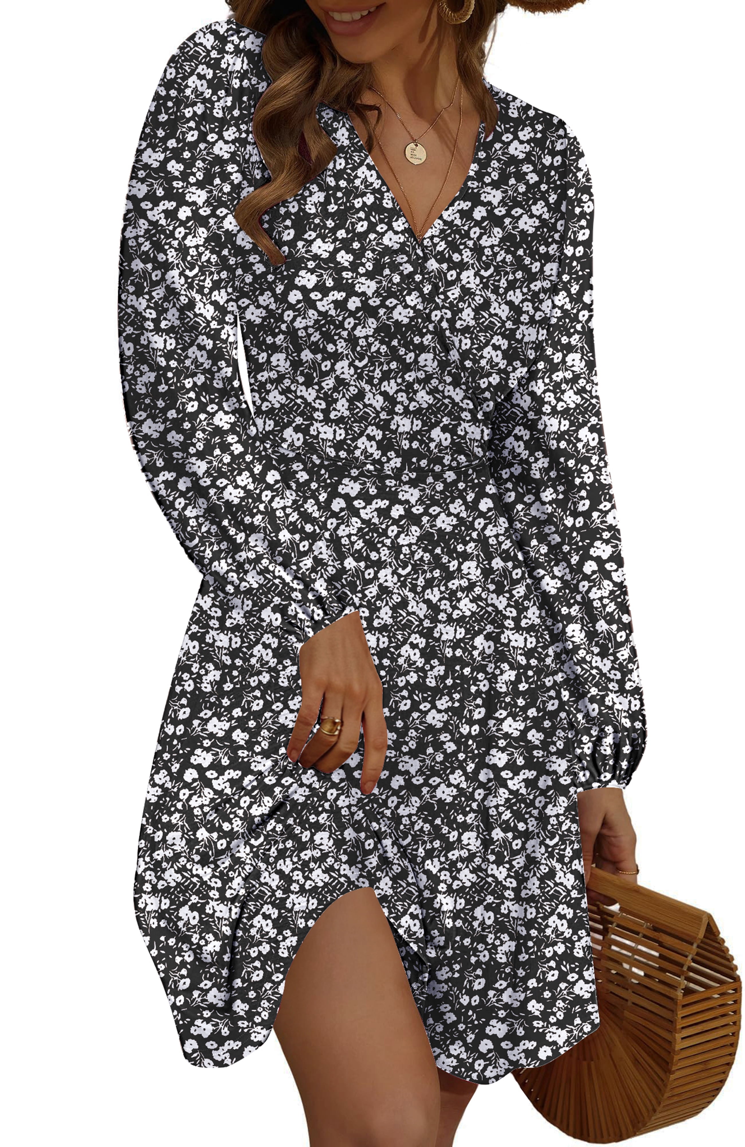 UVN Fall Dresses for Women Long Sleeve V Neck A-Line Midi Dress Boho ...