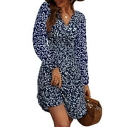 UVN Fall Dresses for Women Long Sleeve V Neck A-Line Midi Dress Boho Beach Floral Print Sundress