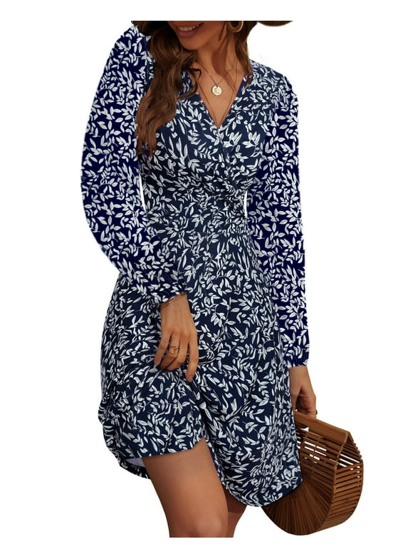 Fall Dresses for Women Long Sleeve V Neck A-Line Midi Dress Boho Beach Floral Print Sundress
