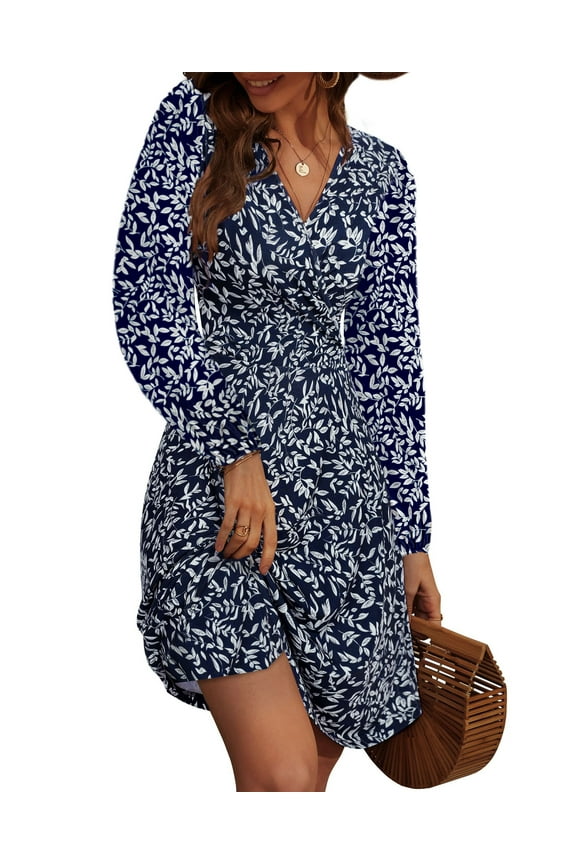 Fall Dresses for Women Long Sleeve V Neck A-Line Midi Dress Boho Beach Floral Print Sundress