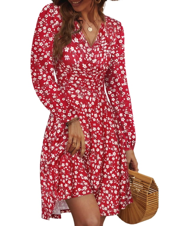 Fall Dresses for Women Long Sleeve V Neck A-Line Midi Dress Boho Beach Floral Print Sundress