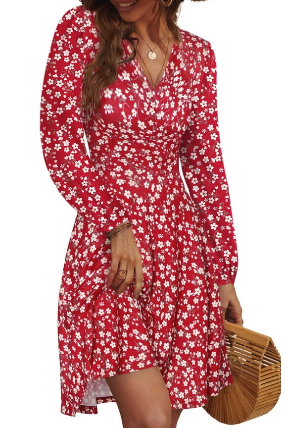 Fall Dresses for Women Long Sleeve V Neck A-Line Midi Dress Boho Beach Floral Print Sundress