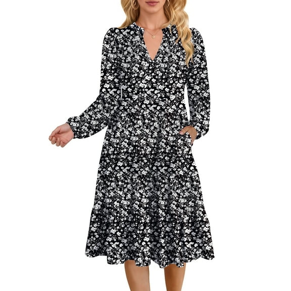 UVN Fall Dresses for Women Long Sleeve V Neck Midi Dress Casual Loose Flowy Swing Tiered Dress with Pockets