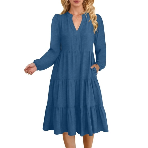UVN Fall Dresses for Women Long Sleeve V Neck Midi Dress Casual Loose Flowy Swing Tiered Dress with Pockets