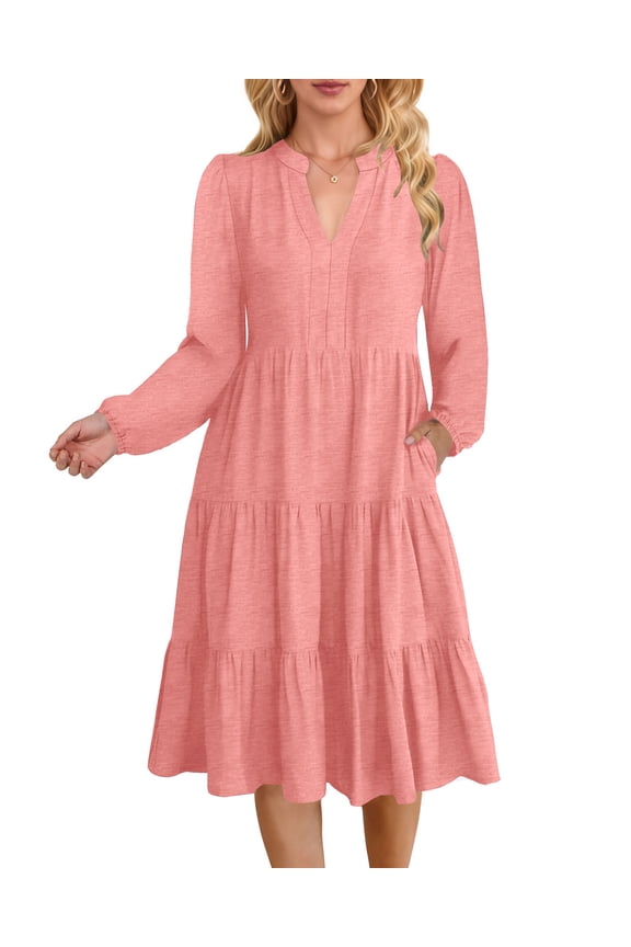 Fall Dresses for Women Long Sleeve V Neck Midi Dress Casual Loose Flowy Swing Tiered Dress with Pockets
