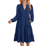 Fall Dresses for Women Long Sleeve V Neck Midi Dress Casual Loose Flowy Swing Tiered Dress with Pockets