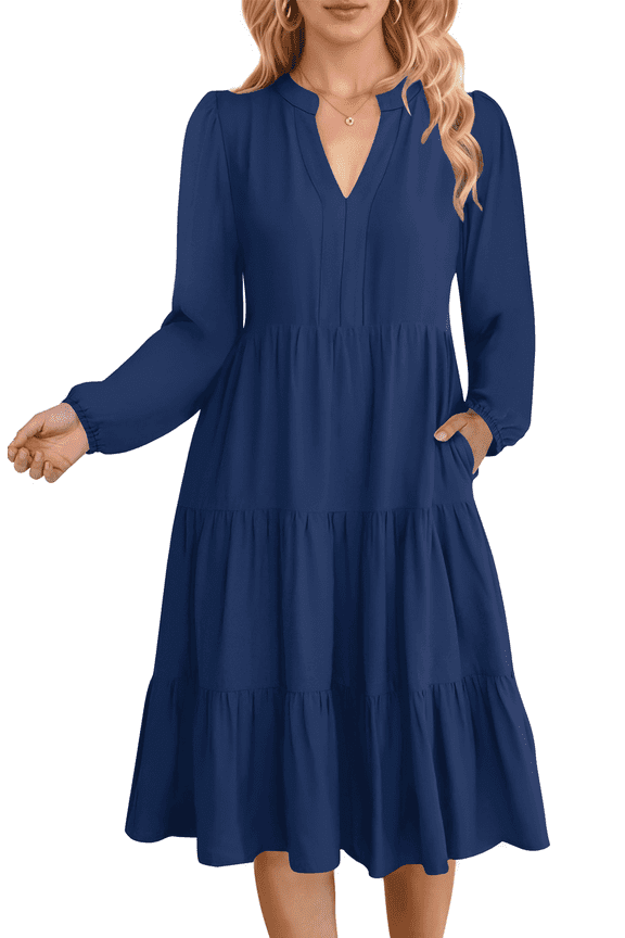 Fall Dresses for Women Long Sleeve V Neck Midi Dress Casual Loose Flowy Swing Tiered Dress with Pockets