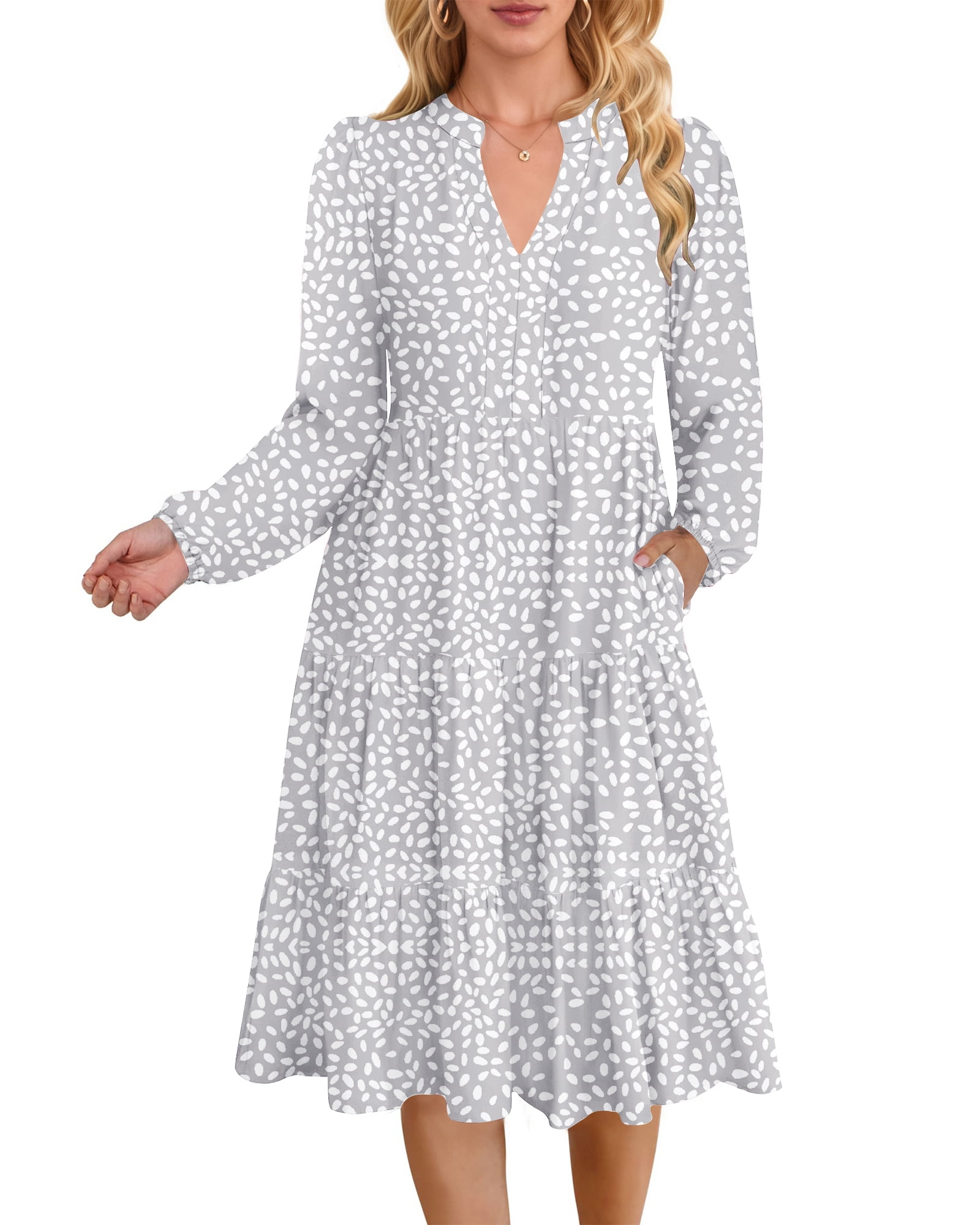 long sleeve midi tiered dress Tie Neck Long Sleeve Midi Tiered Dress Ochre / L