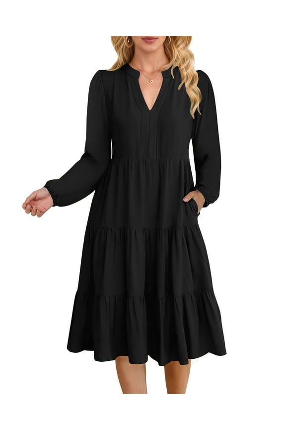 Fall Dresses for Women Long Sleeve V Neck Midi Dress Casual Loose Flowy Swing Tiered Dress with Pockets