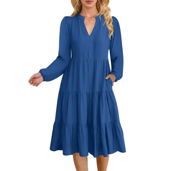 UVN Fall Dresses for Women Long Sleeve V Neck Midi Dress Casual Loose Flowy Swing Tiered Dress with Pockets