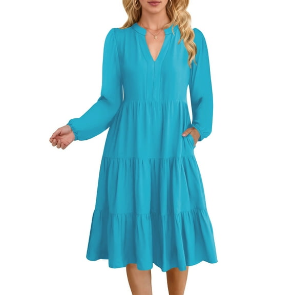 UVN Fall Dresses for Women Long Sleeve V Neck Midi Dress Casual Loose Flowy Swing Tiered Dress with Pockets