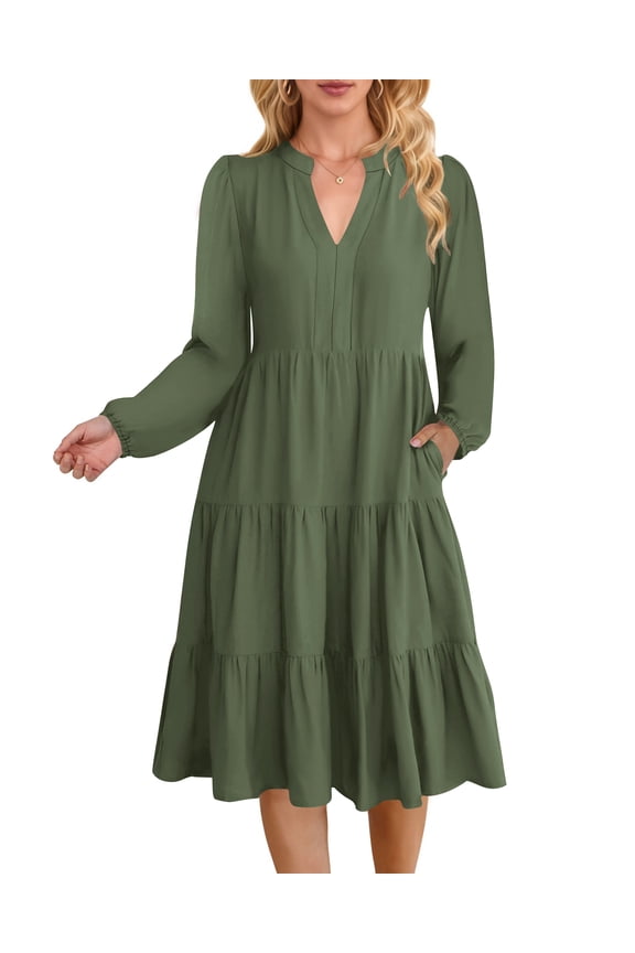 Fall Dresses for Women Long Sleeve V Neck Midi Dress Casual Loose Flowy Swing Tiered Dress with Pockets