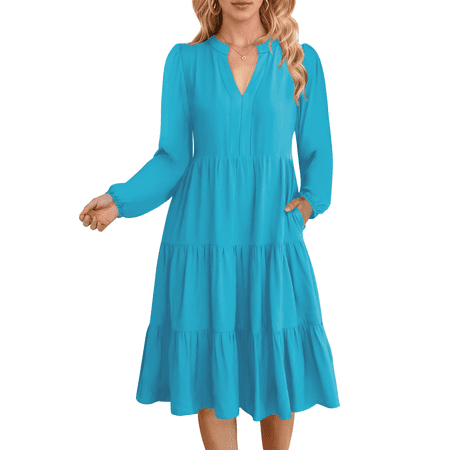 UVN Fall Dresses for Women Long Sleeve V Neck Midi Dress Casual Loose Flowy Swing Tiered Dress with Pockets