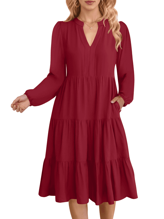 Fall Dresses for Women Long Sleeve V Neck Midi Dress Casual Loose Flowy Swing Tiered Dress with Pockets