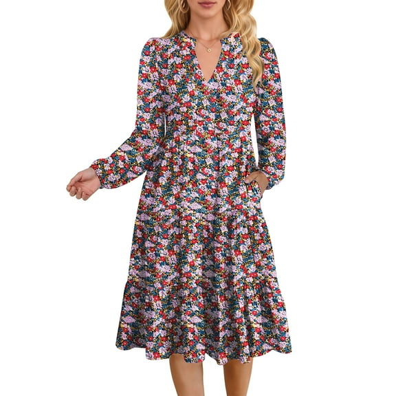 UVN Fall Dresses for Women Long Sleeve V Neck Midi Dress Casual Loose Flowy Swing Tiered Dress with Pockets