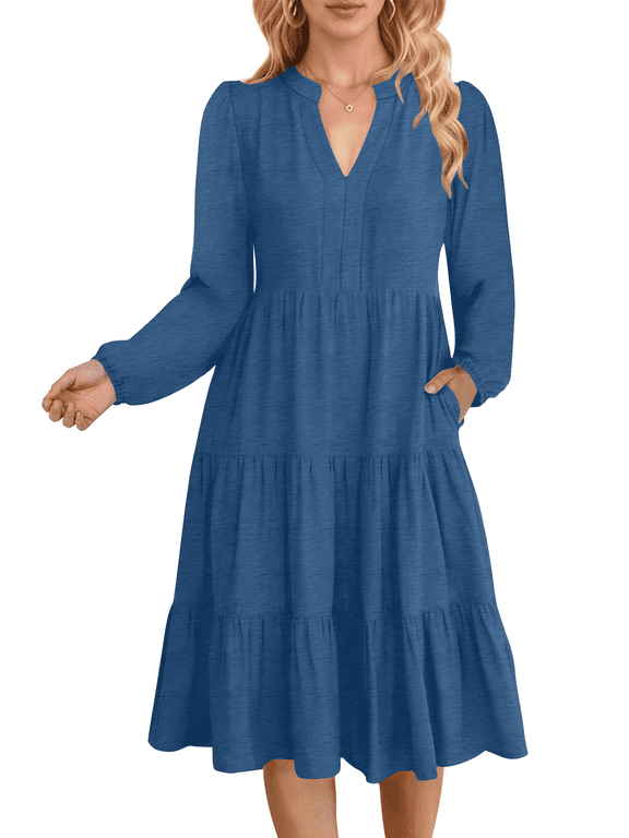 Fall Dresses for Women Long Sleeve V Neck Midi Dress Casual Loose Flowy Swing Tiered Dress with Pockets