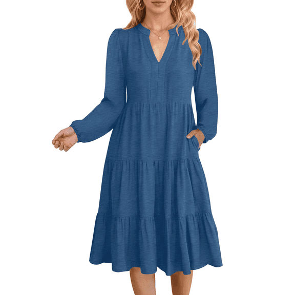 UVN Fall Dresses for Women Long Sleeve V Neck Midi Dress Casual Loose Flowy Swing Tiered Dress with Pockets