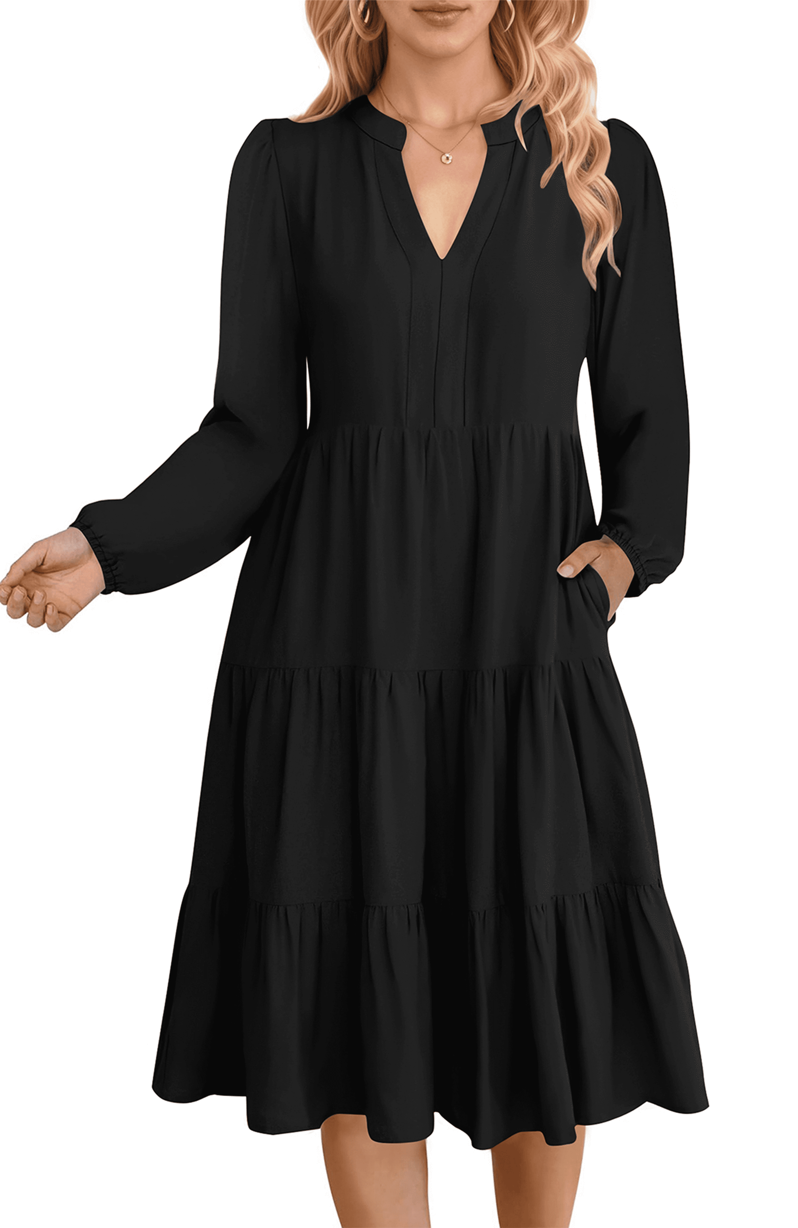 Fall Dresses for Women Long Sleeve V Neck Midi Dress Casual Loose Flowy Swing Tiered Dress with Pockets