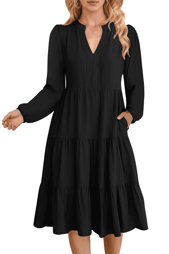 Fall Dresses for Women Long Sleeve V Neck Midi Dress Casual Loose Flowy Swing Tiered Dress with Pockets