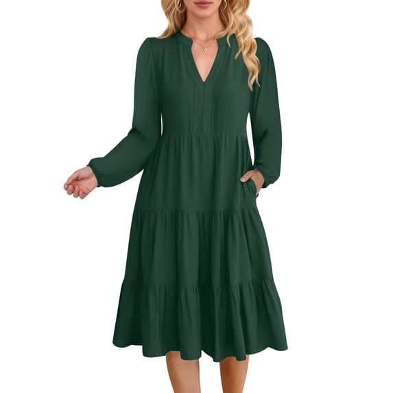 UVN Fall Dresses for Women Long Sleeve V Neck Midi Dress Casual Loose Flowy Swing Tiered Dress with Pockets