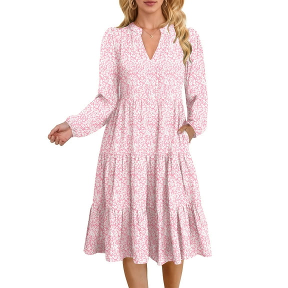 UVN Fall Dresses for Women Long Sleeve V Neck Midi Dress Casual Loose Flowy Swing Tiered Dress with Pockets