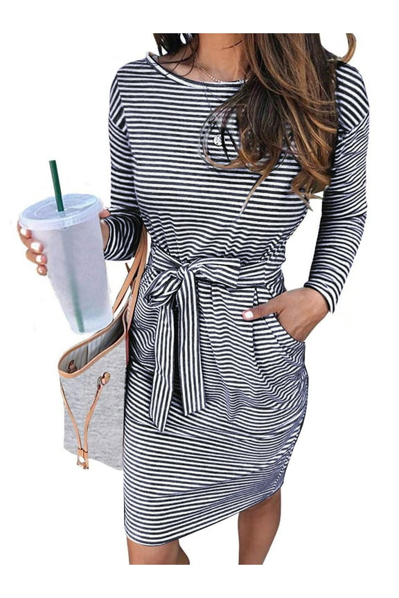 Fall Dresses for Women Striped T Shirt Dress Casual Midi Dress Long Sleeve Sundress with Pockets
