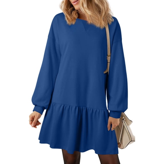 UVN Fall Dresses for Women Winter Long Sleeve Crewneck Oversized Casual Pullover Patchwork Sweatshirt Dress